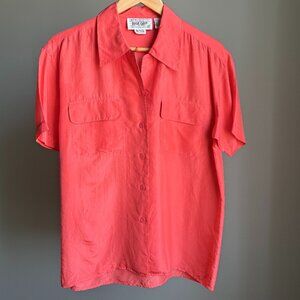 Coral Silk Oversized Blouse Vintage Button Up Shirt
